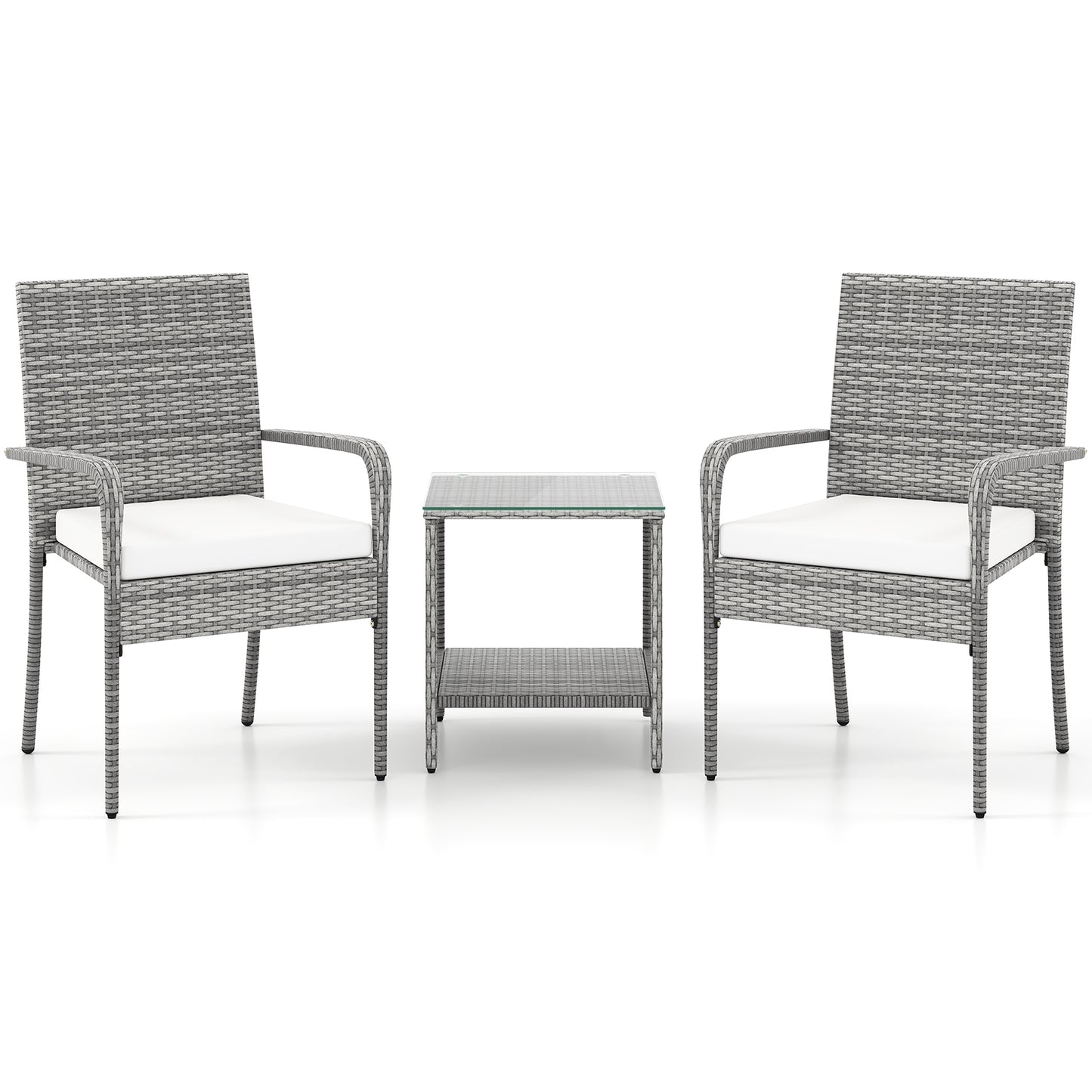 3 Piece Patio Furniture Set with Seat Cushions and Glass Tabletop, Grey Wicker,White Cushions - Assembled