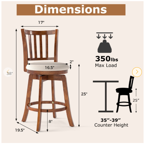 Set of 2, 360° Rotating Counter Height Chairs with Upholstered Seat and Backrest (Assembled)