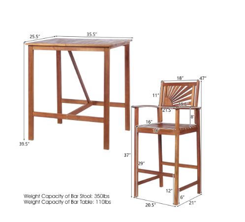 3PCS Bar Set Acacia Wood Bar Height Patio Bistro Dining Set Outdoor (Assembled)