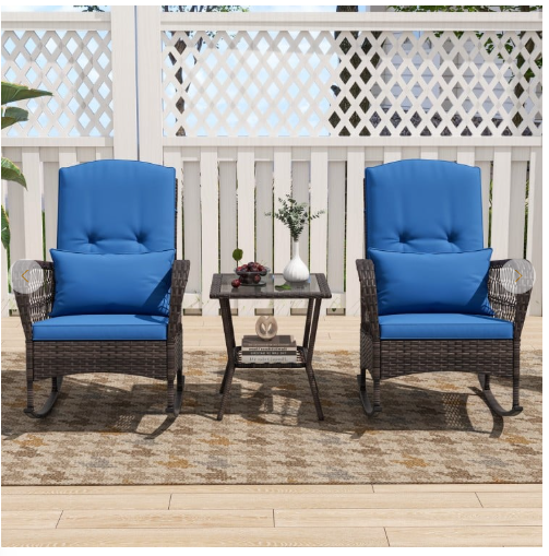 3 Pieces Rocking Bistro Set with 2-Tier Coffee Table - Navy (Fully Assembled)