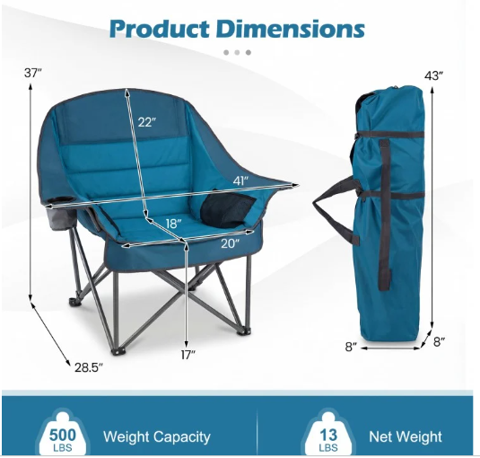 Folding Oversized Camping Chair with Side Pockets and Cup Holder-Blue