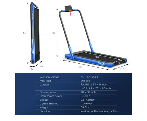 SPECIAL- SuperFit 2.25HP 2-in-1 Folding Under Desk Treadmill with APP Speaker-Blue (Max265 LBS)