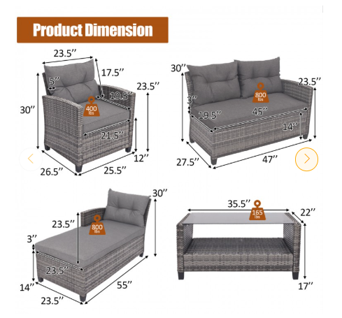 4 Pieces Patio Rattan Furniture Set with Cushion and Table Shelf-Gray (Assembled)