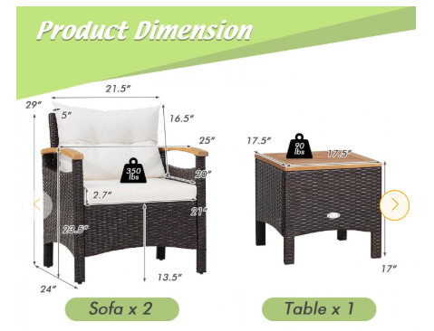 3 Pieces Patio Rattan Conversation Set with Removable Cushion - Assembled