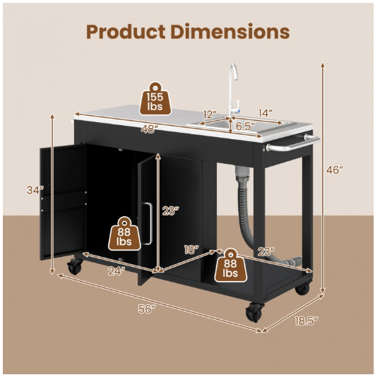 56 Inches Outdoor Grill Table with Sink and Stainless Steel Top-Black (Scratch and Dent)