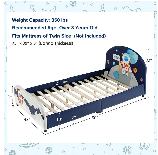 Kids Upholstered Platform Bed Frame,  Astronaut Pattern, Scratch & Dent