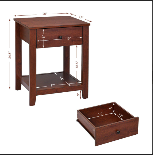 Set of 2 Nightstand with Storage Shelf and Pull Handle