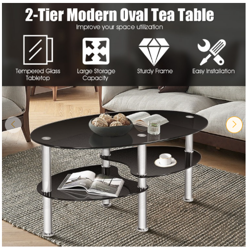 Tempered Glass Oval Side Coffee Table-Black (Scratch and Dent)