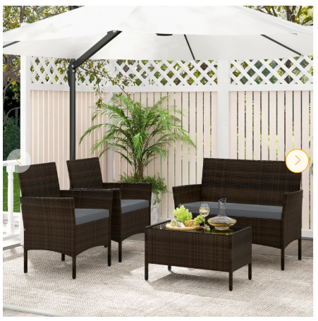 4 Piece Patio Rattan Conversation Set with Cozy Seat Cushions-Grey  (Assembled)