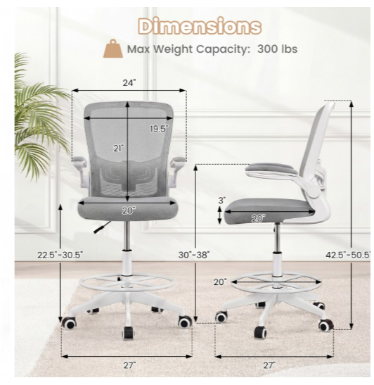 Height Adjustable Drafting Chair with Flip Up Arms for Home Office-Gray