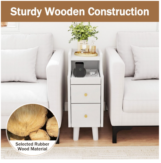 Set of 2 Solid Wood Night Side Table with Pull-out Tray and 2 Storage Drawers - White