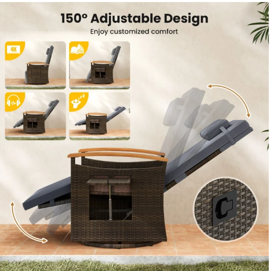 Patio Rattan 360° Swivel Recliner Chair with Adjustable Backrest and Footrest-Gray (Assembled)