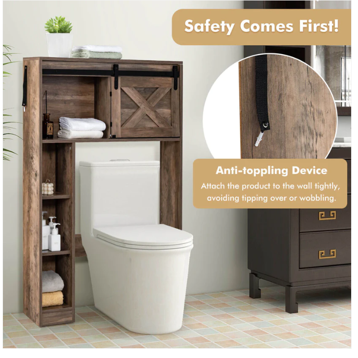 4-Tier Over The Toilet Storage Cabinet with Sliding Barn Door and Storage Shelves-Brown