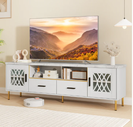 71 Inch TV Stand with Glass Doors for 80 Inch TVs-White-Scratch and Dent - (Fully Assembled)