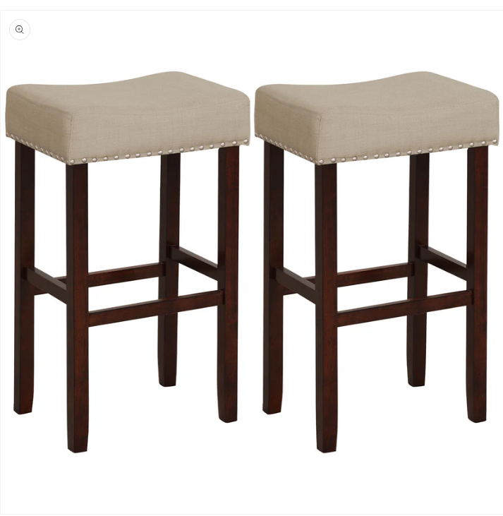 Set of 2  - 29 Inch Height Upholstered Bar Stool with Solid Rubber Wood Legs and Footrest - Beige
