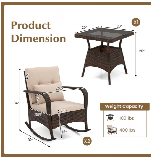 3 Pieces Outdoor Rocking Set with Tempered Glass Coffee Table (Assembled)