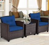 3PCS Patio Rattan Furniture Set Cushioned Conversation Set Coffee Table Navy (1 Box-unassembled)