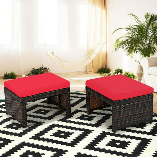 2PCS Patio Rattan Ottoman Cushioned Seat Foot Rest Furniture Red