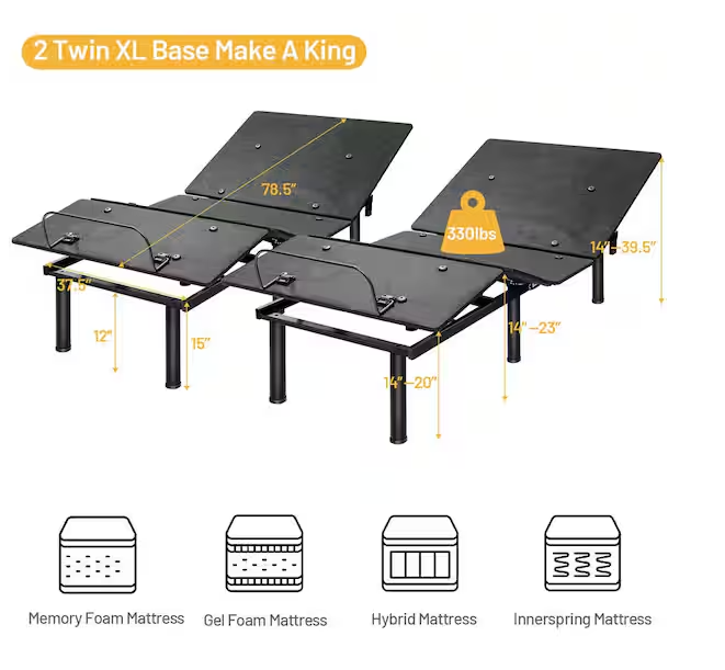 Tw in. x L Electric Adjustable Hospital Bed Base Remote Control Dual USB - Easy Assembly