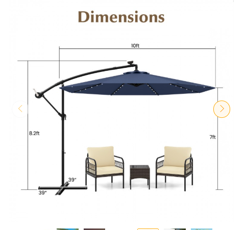 10 Feet Solar Offset Umbrella with 40 Lamp Solar Panel-Navy (Scratch and Dent)