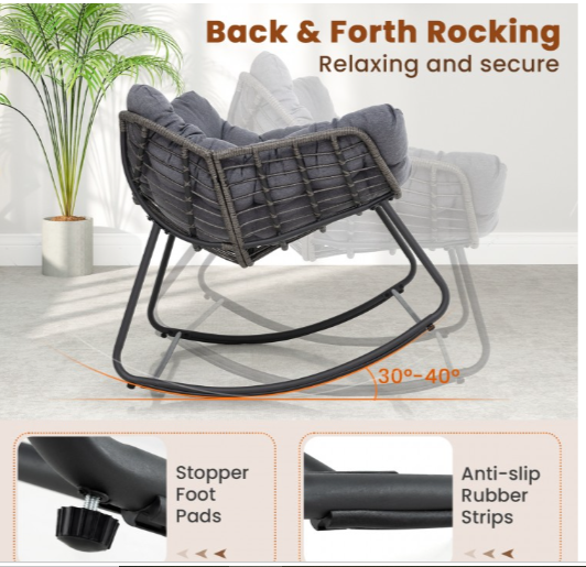 Outdoor Rocking Chair Oversized Patio PE Wicker Egg Chair with Cushion-Gray (Assembled)