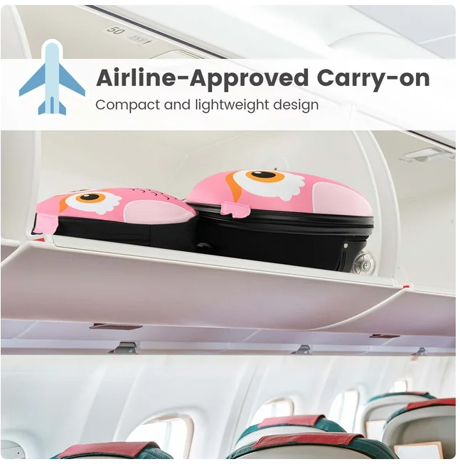 2PCS Kids Carry On Luggage Set 16'' Owl Rolling Suitcase with 12'' Backpack Travel Pink
