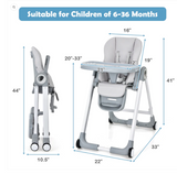 Baby Folding Convertible High Chair with Wheels and Adjustable Height-Gray