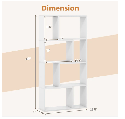 48 Inch 4-Tier Geometric Bookshelf with 8 Cubes for Living Room Bedroom-White