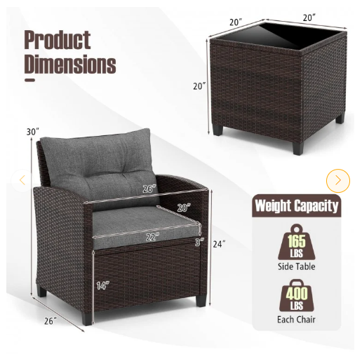 3 Pieces Patio Furniture Set with Tempered Glass Coffee Table-Grey - (Assembled)