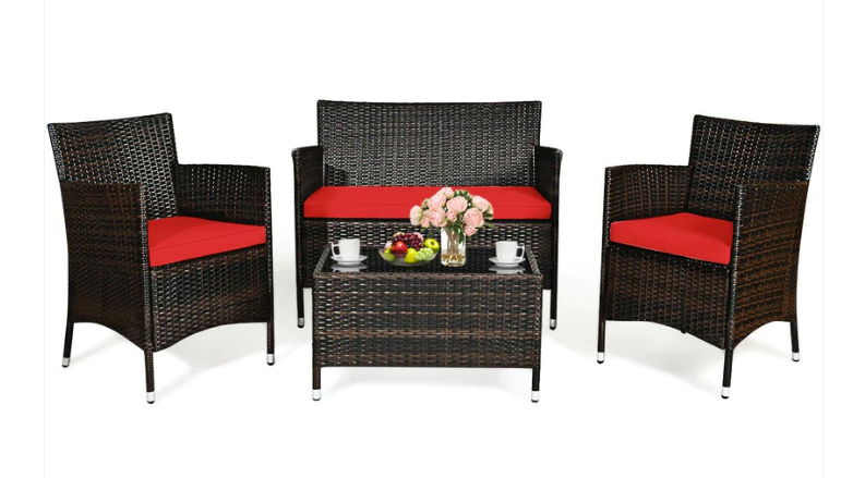 NO TAX SPECIAL, 4 Pieces Comfortable Rattan Outdoor Furniture Set with Glass Table-Red - ASSEMBLED