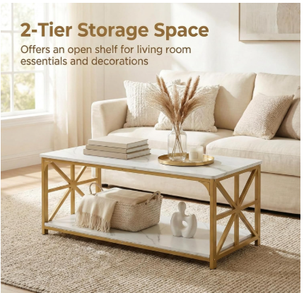 43" 2-Tier Coffee Table with Storage, White+Gold