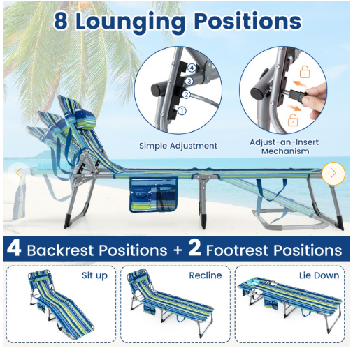 Portable Folding Chaise Lounge Chair with 4-Position Adjustable Backrest for Patio