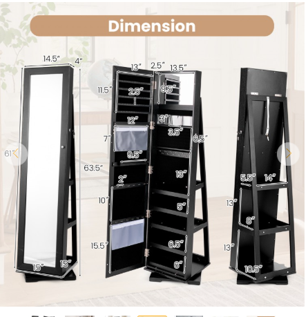 360° Rotatable 2-in-1 Lockable Jewelry Cabinet with Full-Length Mirror (Assembled)