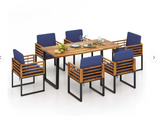 7 Pieces Patio Acacia Wood Dining Chair and Table Set for Backyard and Poolside-Navy - Fully Assembled