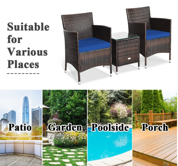3Pcs Patio Rattan Furniture Set Cushioned Sofa and Glass Tabletop Deck-Navy (Assembled)