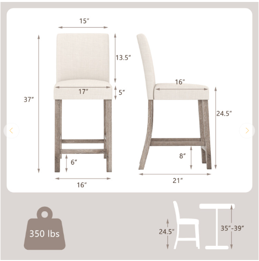 Set of 2, Counter Height Bar Stools with Back and Footrest (Fully Assembled)