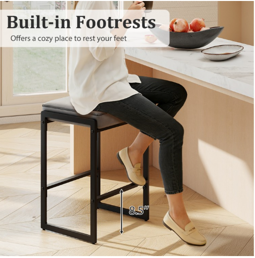 26 inch Bar Stools Set of 2 Counter Height Barstools with Faux Leather Upholstered Seat-Gray