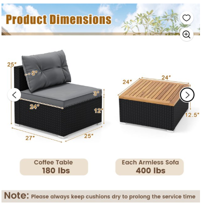 5 Pieces Outdoor Patio Furniture Set Sectional Rattan Sofa and Acacia Wood Coffee Table (Fully Assembled)-Gray