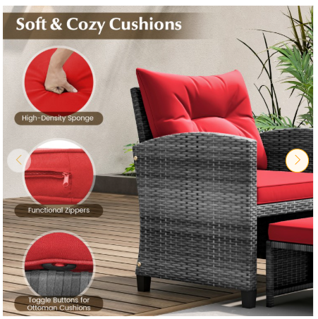 5 Piece Patio Rattan Furniture with 2 Ottomans and Tempered Glass Coffee Table-RED (Fully Assembled)
