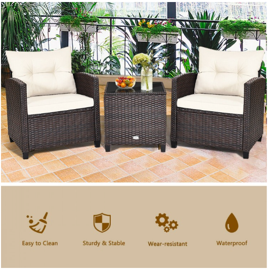 3 Pieces Rattan Patio Conversation Set with Coffee Table-White, Fully Assembled