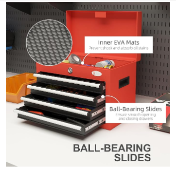 4 Drawer Toolbox, Lockable Toolbox with Top Tray  - Black