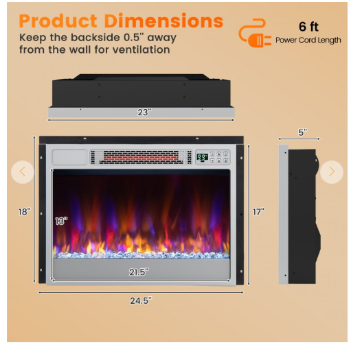 23 Inch 1500W Recessed Electric Fireplace Insert- Silver (No Remote)