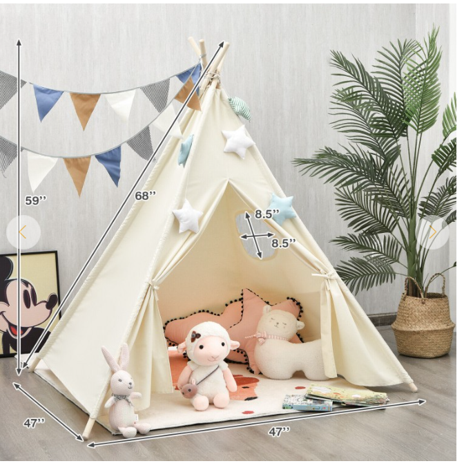Kids Canvas Teepee Play Tent Foldable Playhouse Toys for Indoor Outdoor