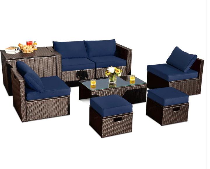 8 Pieces Patio Rattan Furniture Set with Storage Box and Waterproof Cover-Navy