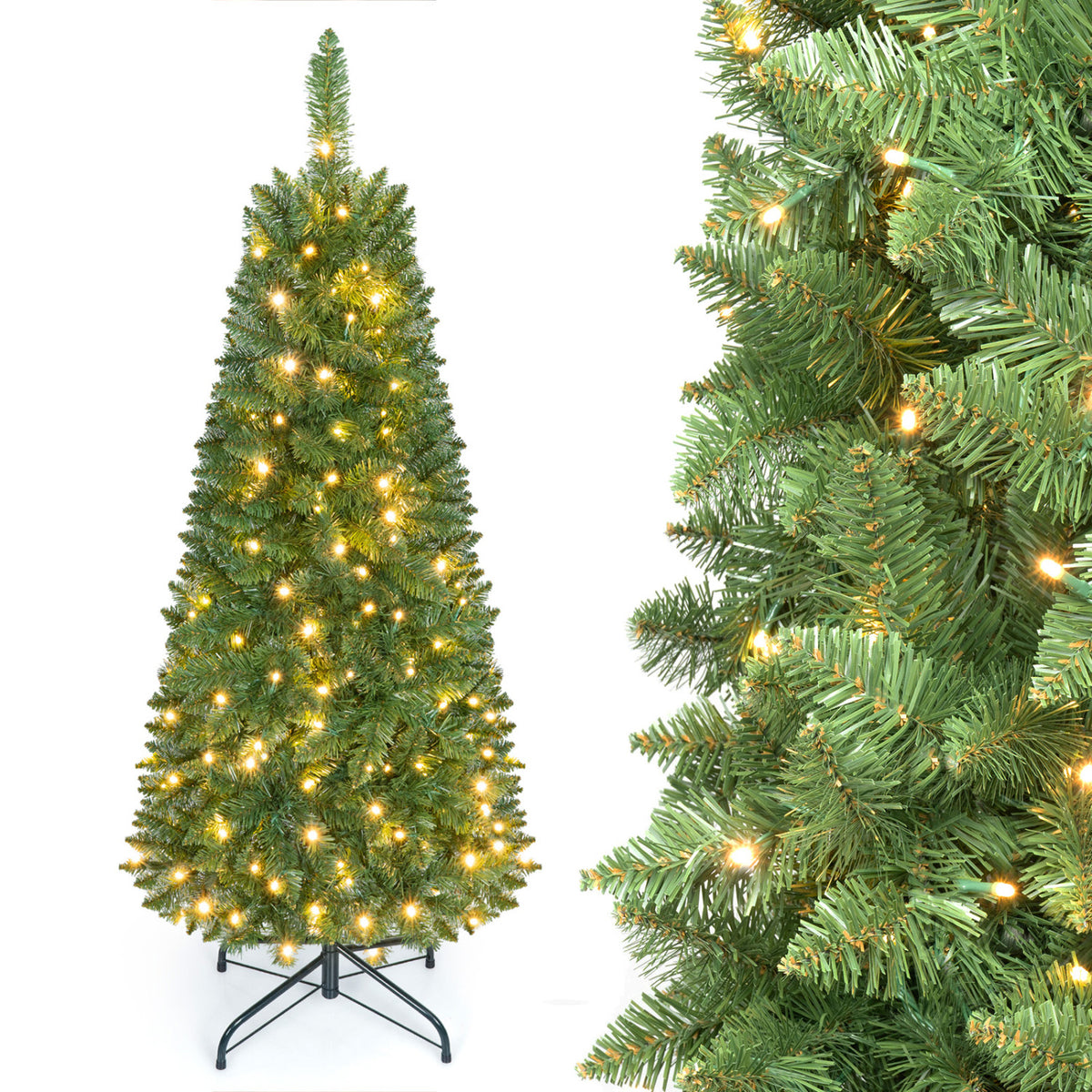 4.5 ft Pre-Lit Premium Hinged Artificial Fir Pencil Christmas Tree with LED Lights-Green - FINAL SALE