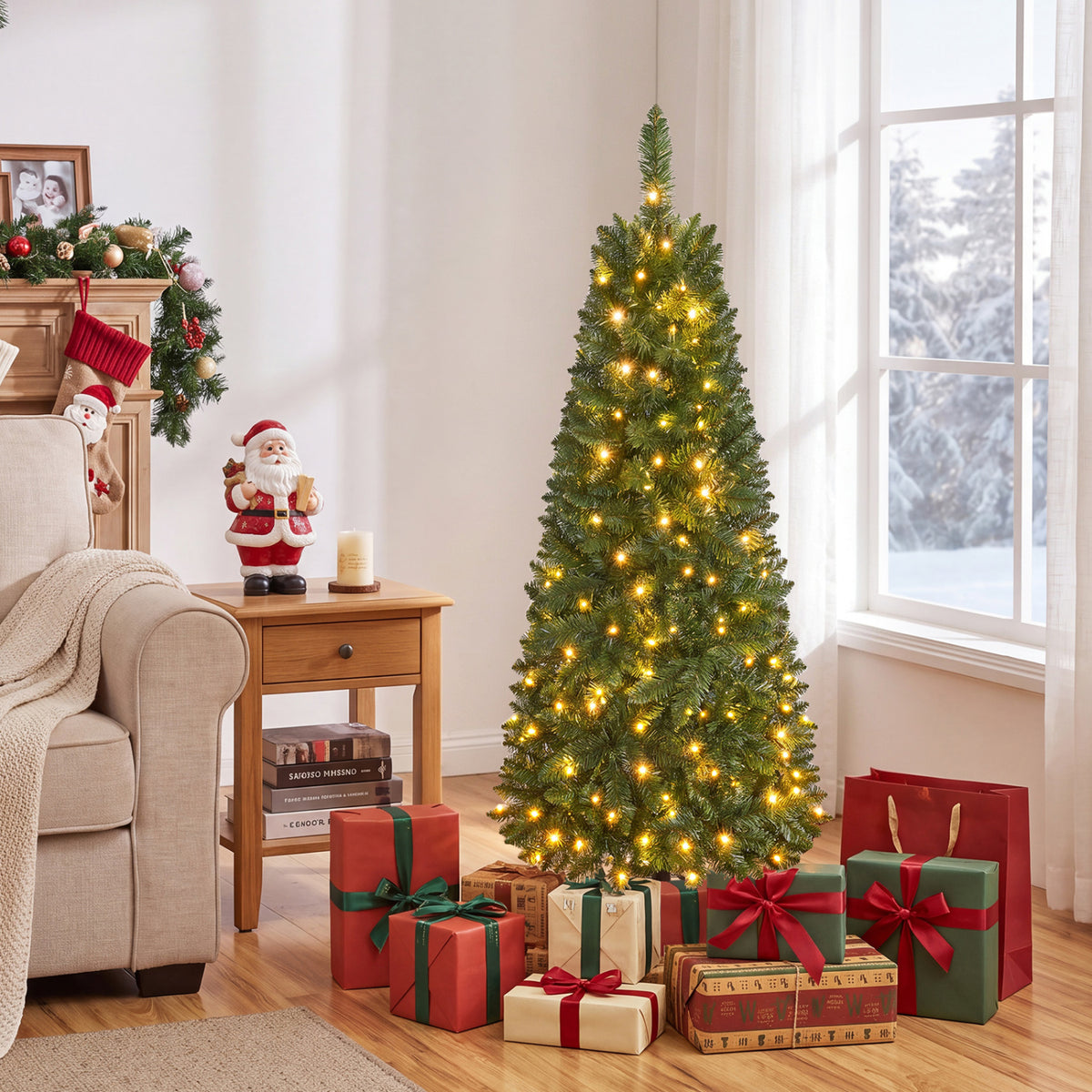 4.5 ft Pre-Lit Premium Hinged Artificial Fir Pencil Christmas Tree with LED Lights-Green - FINAL SALE