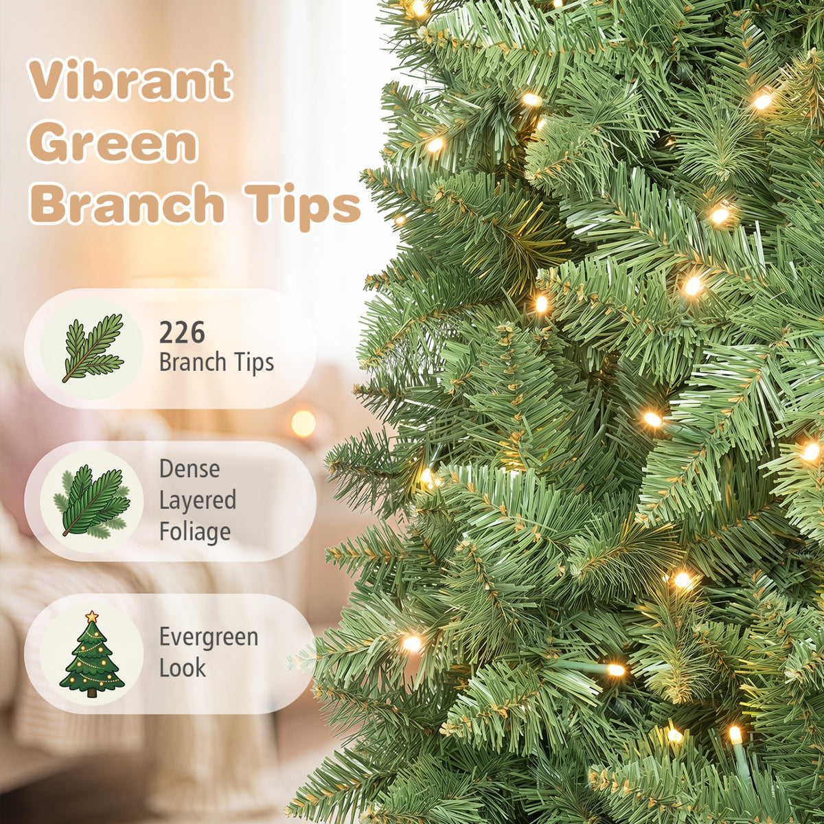 4.5 ft Pre-Lit Premium Hinged Artificial Fir Pencil Christmas Tree with LED Lights-Green - FINAL SALE