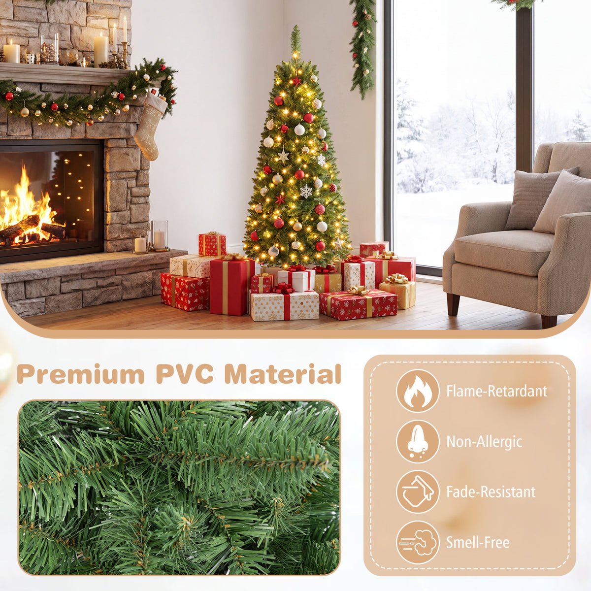 4.5 ft Pre-Lit Premium Hinged Artificial Fir Pencil Christmas Tree with LED Lights-Green - FINAL SALE
