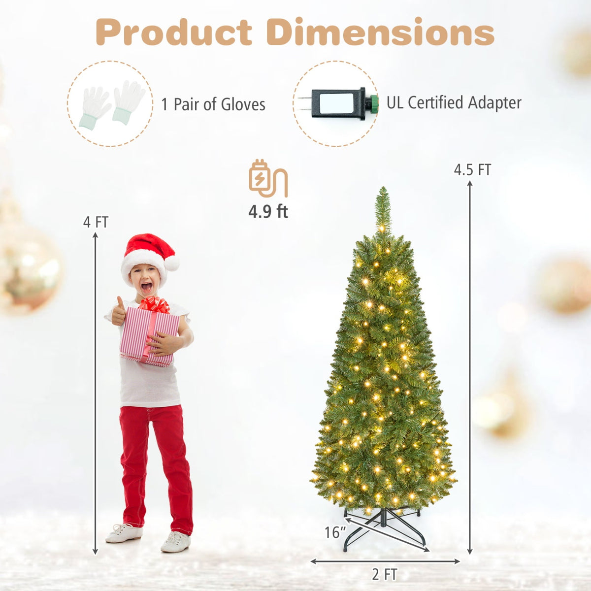 4.5 ft Pre-Lit Premium Hinged Artificial Fir Pencil Christmas Tree with LED Lights-Green - FINAL SALE
