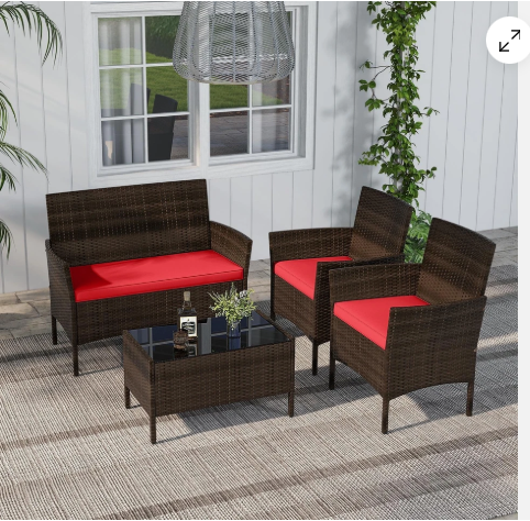 4 Piece Patio Rattan Conversation Set with Cozy Seat Cushions-RED  (Assembled)